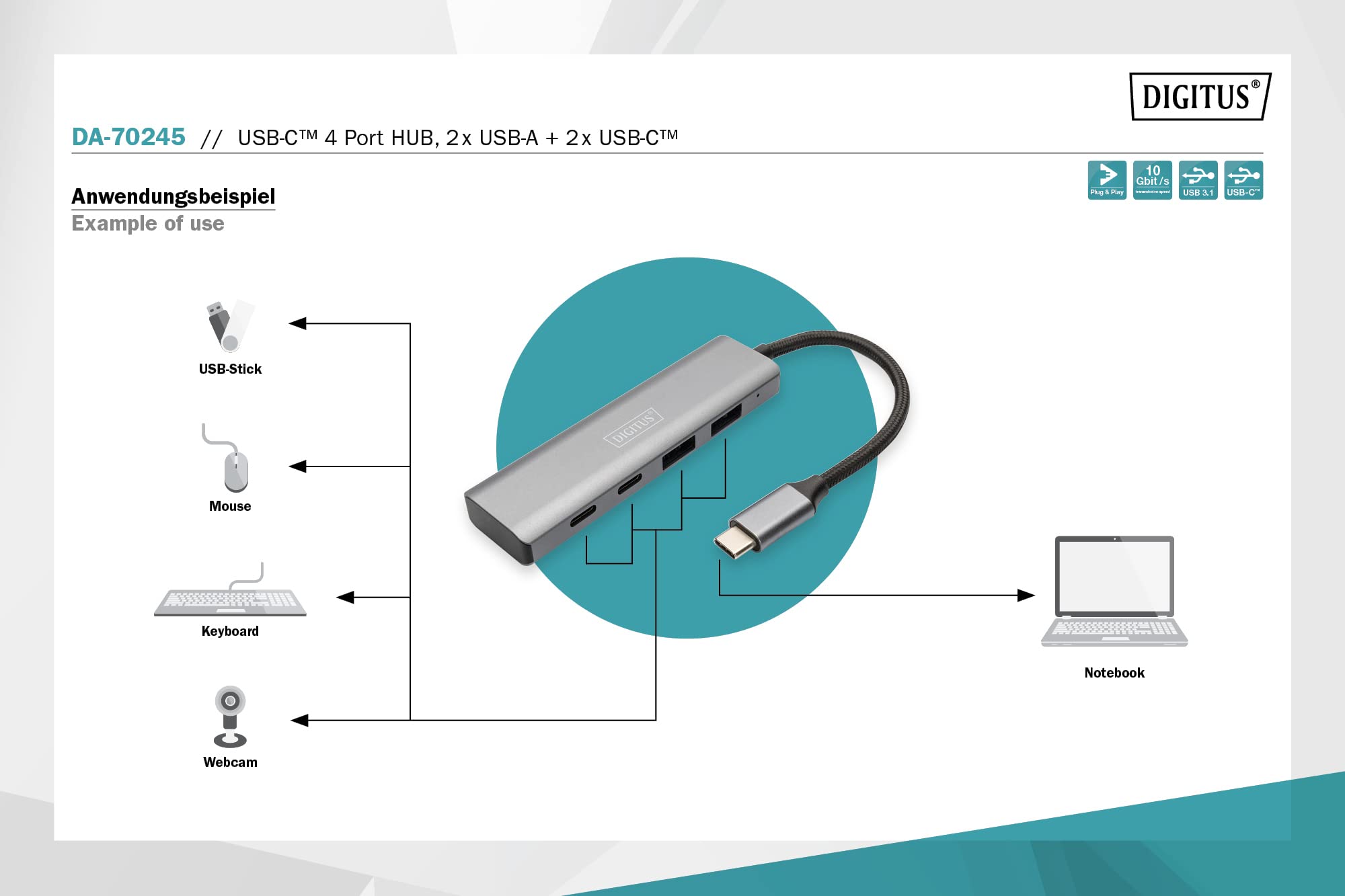 digitus-unique-da-70245-usb-hub-4-port-2x-usb-a-2x-usb-c-10-gbit-s-dunkelgrau image 3