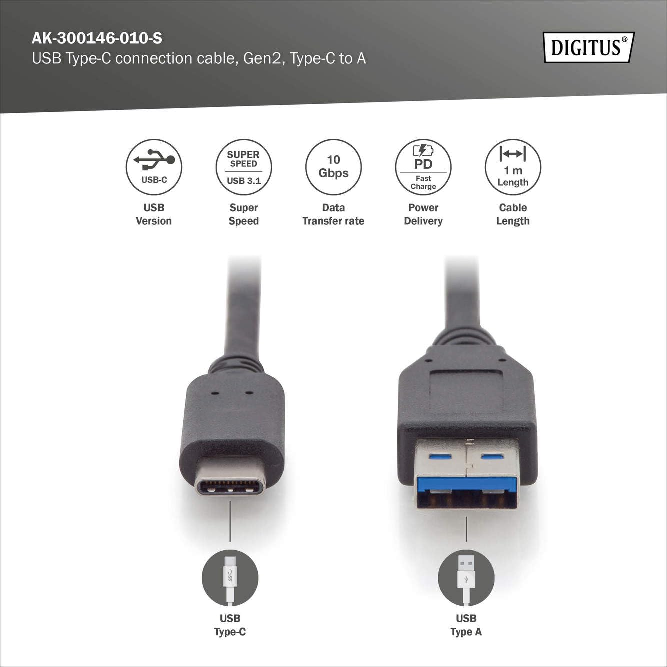 digitus-usb-3-2-gen2-kabel-1-m-usb-a-zu-c-10-gbit-s-3a image 2