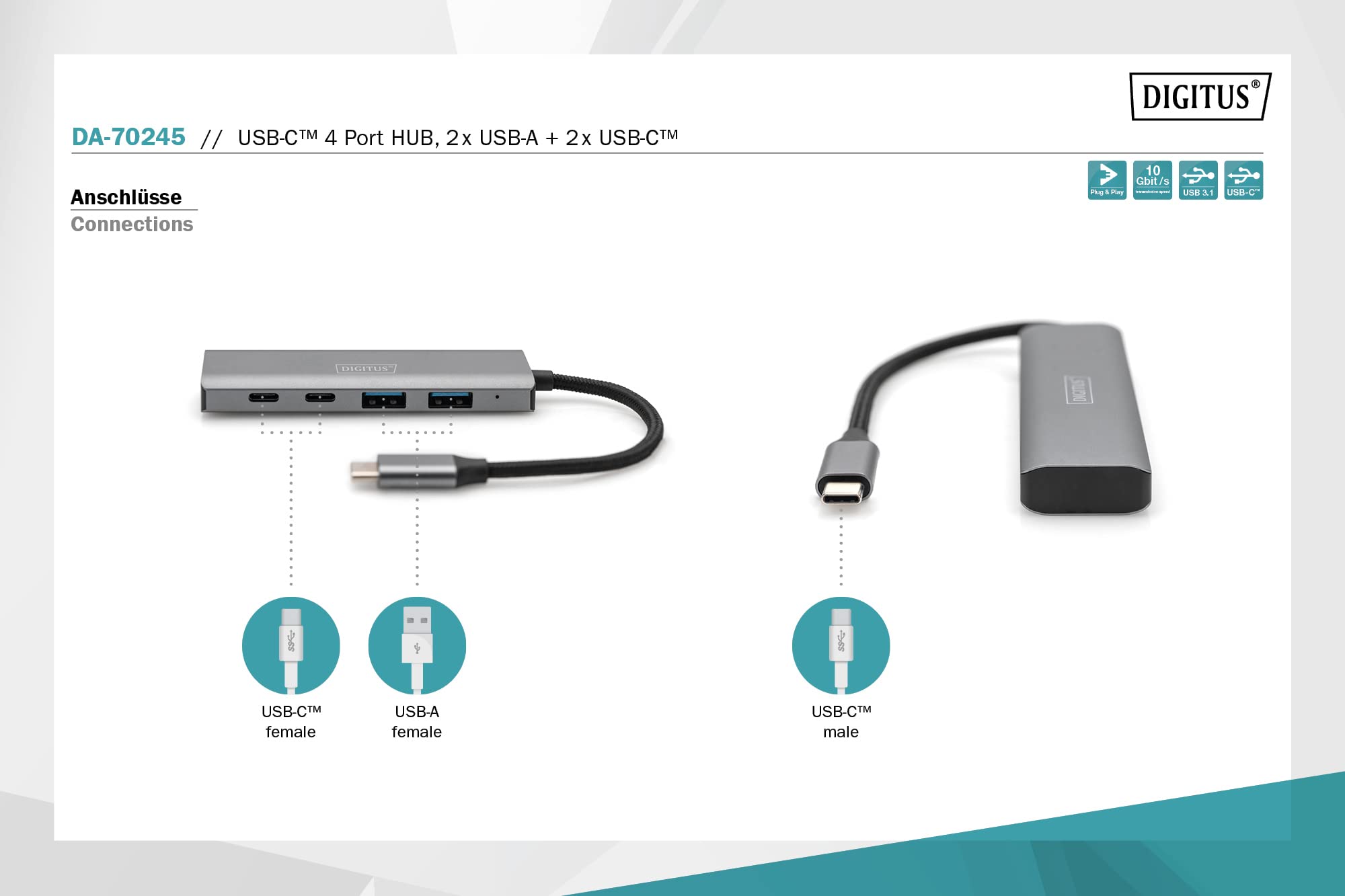 digitus-unique-da-70245-usb-hub-4-port-2x-usb-a-2x-usb-c-10-gbit-s-dunkelgrau image 2