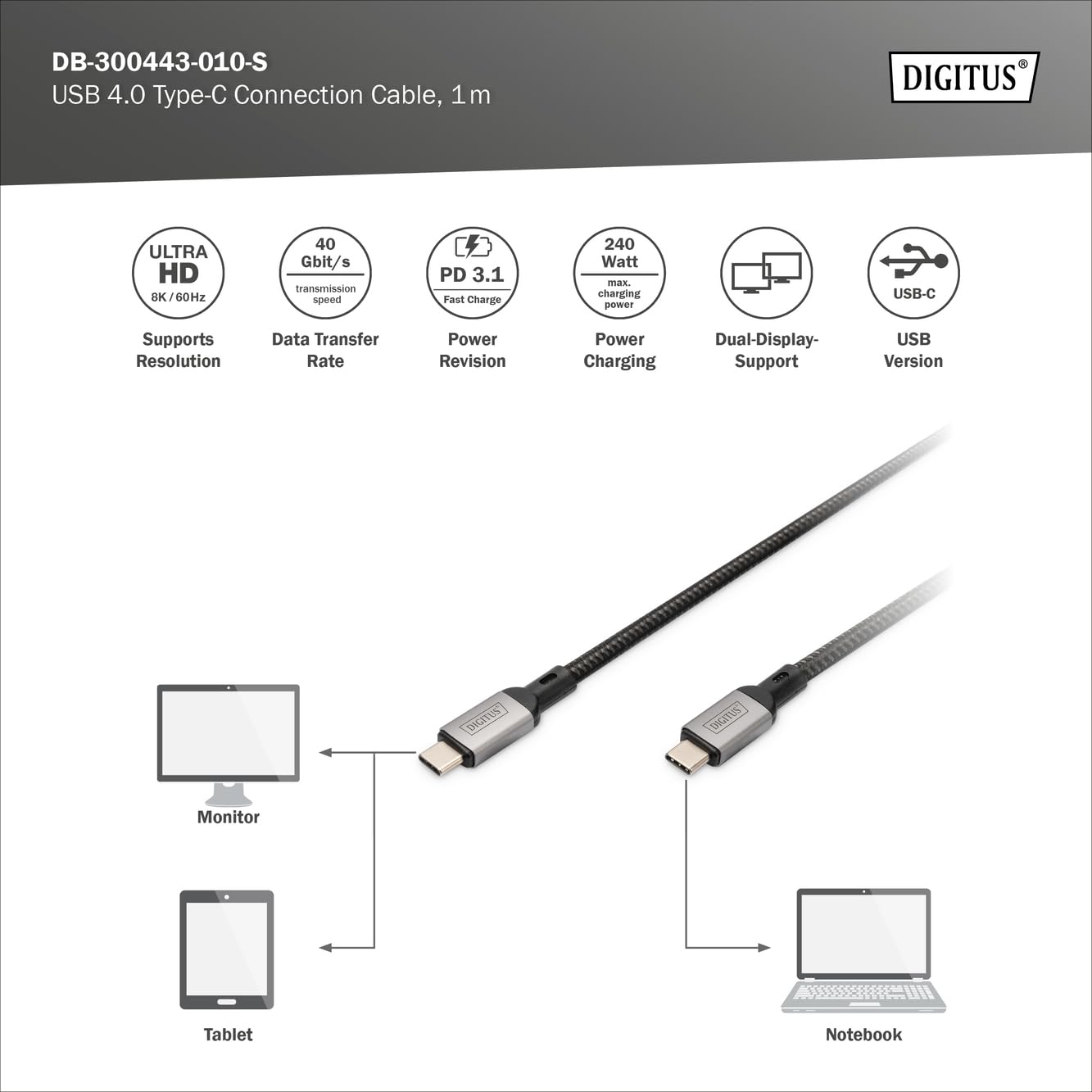 digitus-usb4-gen3-usb-c-kabel-1m-40gbit-s-240w-schwarz image 3