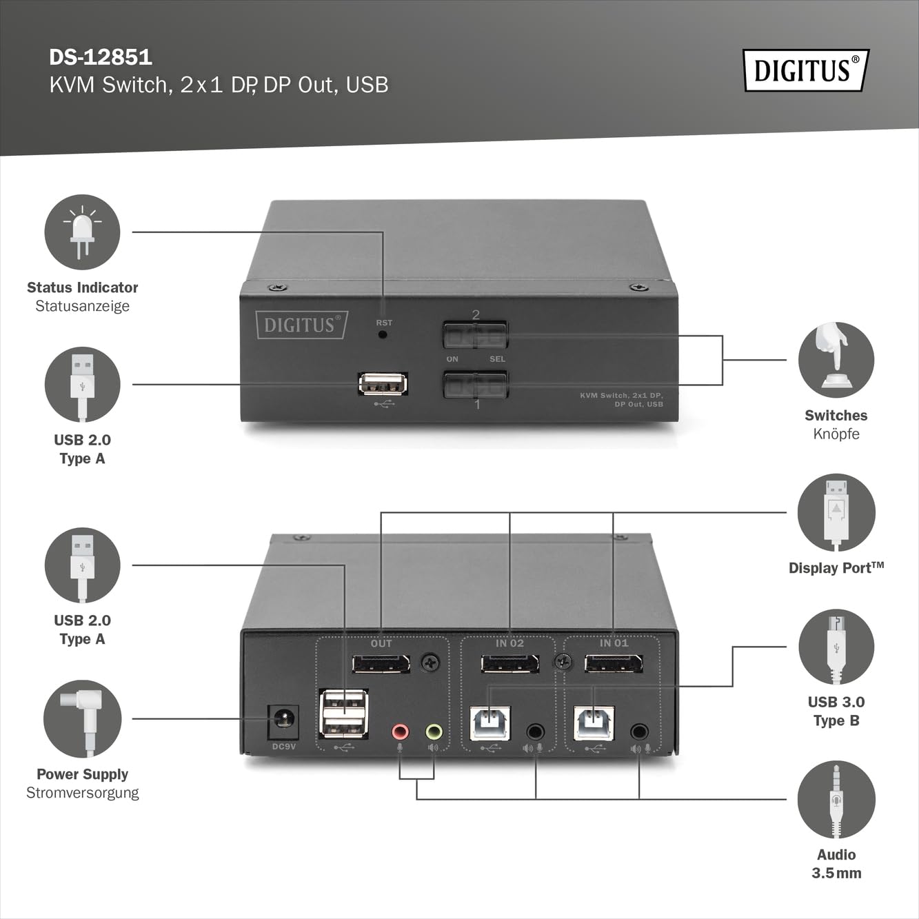 digitus-displayport-kvm-switch-2-port-single-display-4k-60hz-hot-key-schwarz image 2