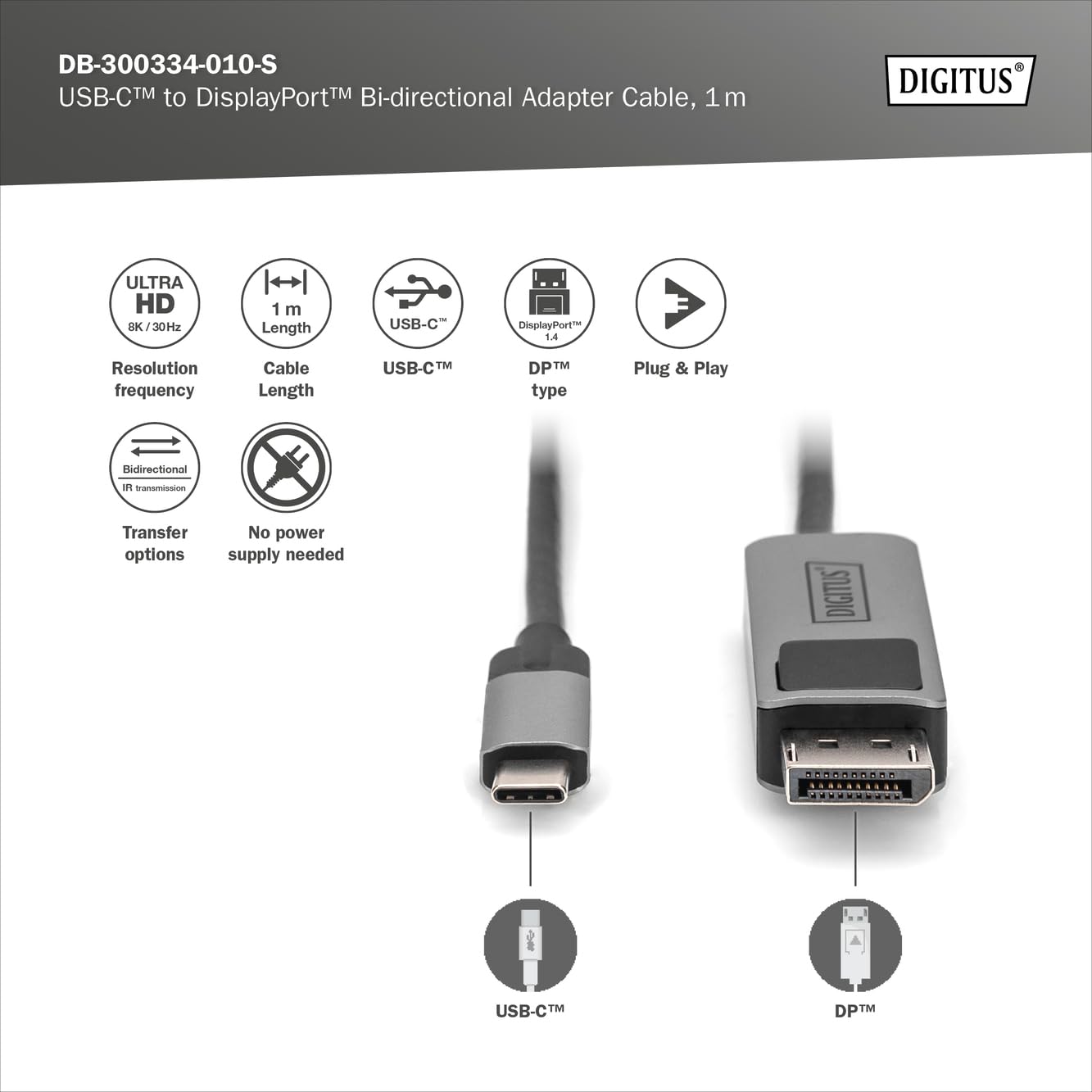 digitus-usb-c-zu-displayport-adapterkabel-1-m-8k-schwarz image 2
