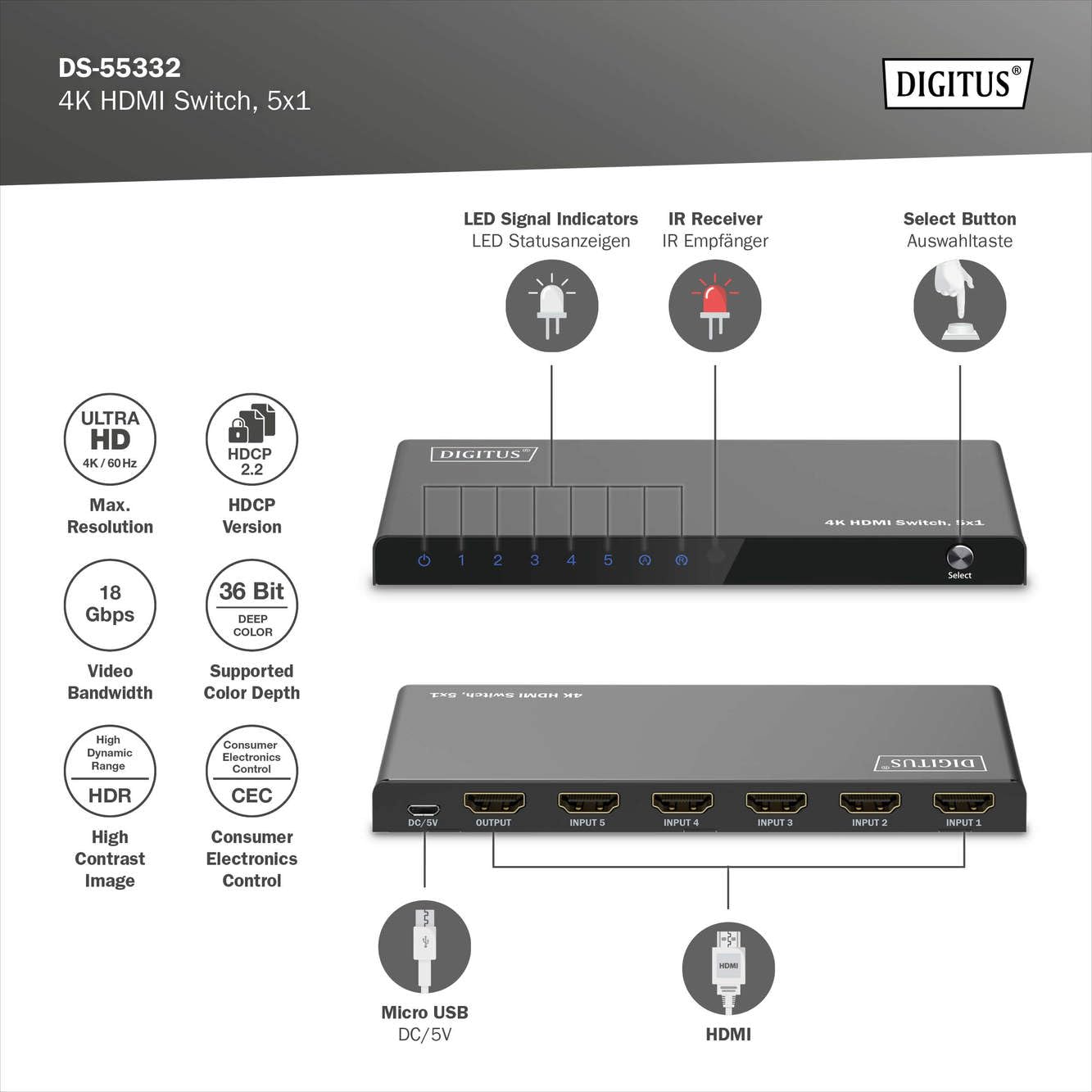 digitus-unique-hdmi-switch-5x1-4k-60hz-uhd-hdr-schwarz image 2
