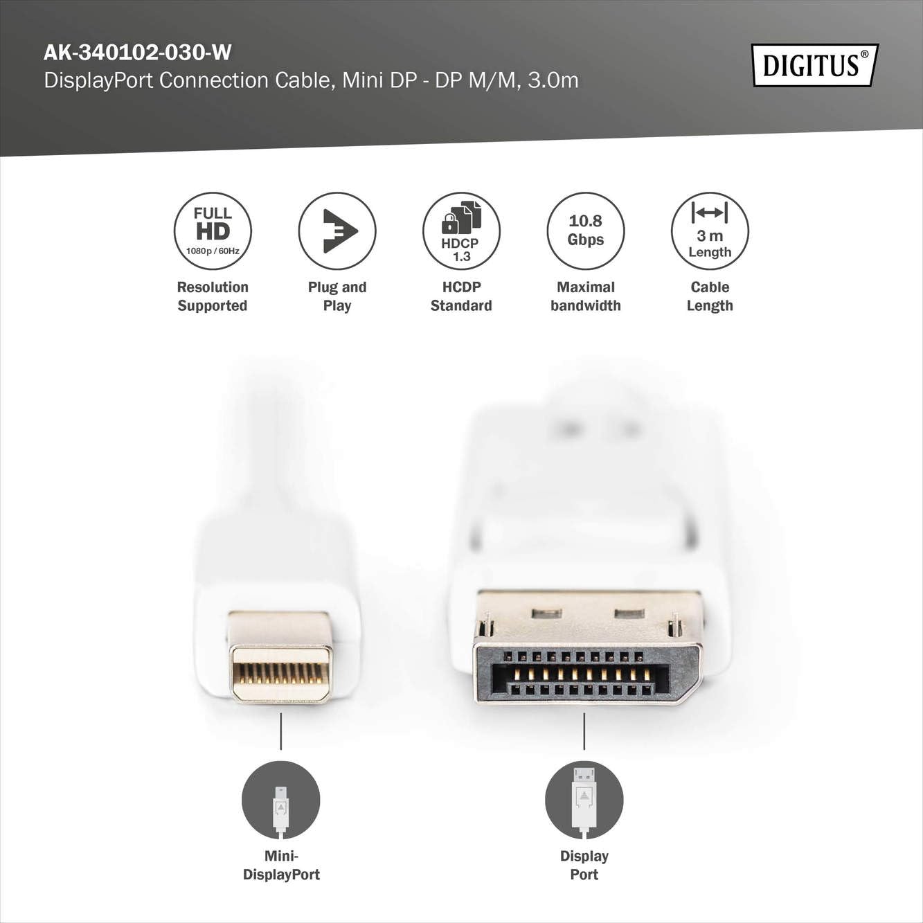 digitus-unique-displayport-kabel-mini-dp-dp-3-0m-wei-mit-verriegelung image 2