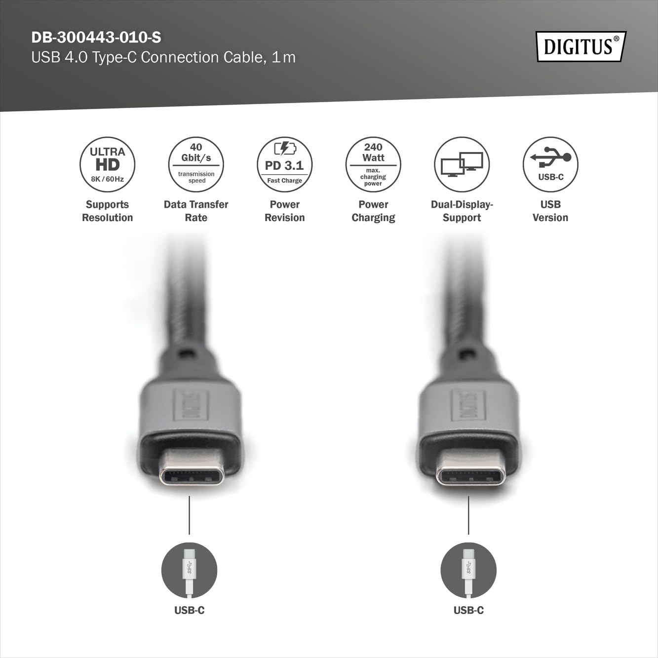 digitus-usb4-gen3-usb-c-kabel-1m-40gbit-s-240w-schwarz image 2